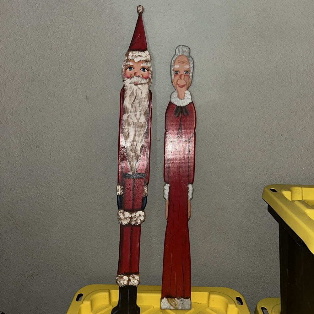 Primitive Folk Art Wooden Santa & Mrs Claus Decorative Painted Pencil Christmas
